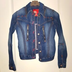 Ecko Red, Y2K Denim Jacket, Medium, functional pockets, red rhinestones